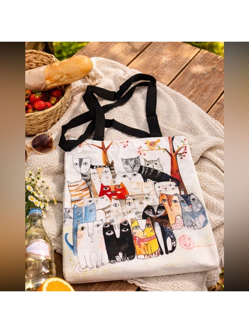 MANY-PAWS MULTI-CAT ARTISTIC FELINE CAT PRINT CANVAS GROCERY TOTE SHOPPING BAG - Picture 2 of 8
